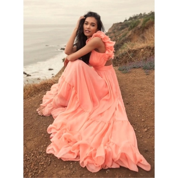 NEW $600 MAC DUGGAL RUFFLE TIERED CUT-OUT CHIFFON GOWN CORAL SIZE 12 - Picture 8 of 17